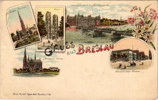 Wroclaw, Breslau; Sieges-Denkmal, Dom, Lessingbrücke u. Regierungsgebäude, Michaelis-Kirche, Schweidnitzer Strasse / monument, cathedral, bridge, church, street. Kunstanstalt Rosenblatt Art Nouveau, floral, litho (EK)