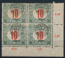 Nagyvárad 1919 Portó 10f ívsarki négyestömb elcsúszott felülnyomással / shifted overprint Signed: Bodor