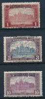 Nyugat-Magyarország III. 1921 Parlament 1K, 3K és 10K eltolódott felülnyomással / 3 stamps with shifted overprint Sign: Bodor (3K falcos / hinged)