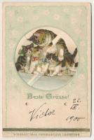1900 Beste Grüsse! / cats and dogs mechanic litho art postcard (does not work) (tears)