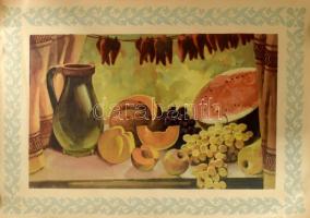 cca 1950-60 Szabó Endre: Paprikás csendélet, konyhai falragasz-plakát, ofszet, papír, Kossuth-Nyomda, hajtásnyomokkal, apró lapszéli szakadásokkal, 58x83 cm