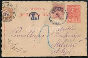 1905 Díjkiegészített díjjegyes zárt levelezőlap Milánóba, olasz portóval / PS-cover card with additional franking to Milan with Italian postage due stamp
