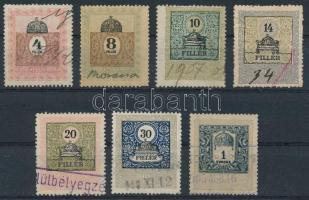 1904 7 db okmánybélyeg fordított vízjellel / inverted watermark (14f ránc / crease)