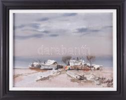 Csikós András (1947-2006): "Hófelhők", 1987. Olaj, farost, jelezve jobbra lent, hátoldalán autográf felirattal és Képcsarnok Vállalat címkéjével, fakeretben, 30x40 cm