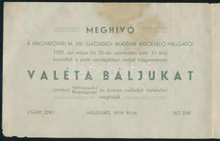 1939 Mosonmagyaróvár, meghívó a Magyaróvári M. Kir. Gazdasági Akadémia absolváló hallgatói által ren...