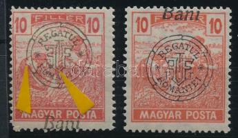 Nagyvárad 1919 Arató 10f 2 db bélyeg, a "Bani" szó fent és lent, az egyik bélyeg lemezhibákkal / with plate variety Signed: Bodor