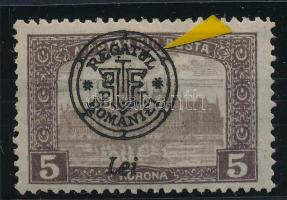 Nagyvárad 1919 Parlament 5K lemezhibával a felülnyomatban, halvány falcmaradvánnyal / with plate variety, tiny hinge remnant Signed: Bodor