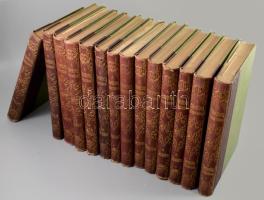 A Műveltség Könyvtára sorozat összesen 14 kötete: Művészet I-II. köt., A technika vívmányai I-II.köt., A társadalom I-II.köt., A világegyetem I-II. köt., Az élők világa I-II. köt., Az ember I-II. köt., A föld I-II. köt. Bp., én., Athenaeum. Kiadói dúsan aranyozott szecessziós félvászon-kötés, kopott, foltos borítókkal, egy kötetben néhány kijáró lappal, egy kötetben címlapon kis sérülés.