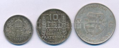 1947. 5Ft Ag "Kossuth" + Ausztria 1915. 1K Ag "Ferenc József" + Franciaország 1932. 10Fr Ag T:VF,F ph., patina Hungary 1947. 5 Forint Ag "Kossuth" + Austria 1915. 1 Corona Ag "Franz Joseph" + France 1932. 10 Francs Ag C:VF,F edge error, patina
