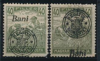 Nagyvárad 1919 Arató 40f 2 db bélyeg, a "Bani" felirat fent és lent, az egyik hátoldalra átütő felülnyomattal (törés) / with shifted perforation (fold) Signed: Bodor