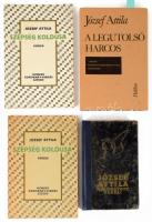 József Attila versei, 4 kötet (a Szépség koldusa két különböző kiadásban): József Attila válogatott lírai versei. [Bp., 1943], Cserépfalvi. Javított/pótolt kötésben, kissé viseltes borítóval. + József Attila: A legutolsó harcos. A költő kéziratos verseskönyvének hasonmása. Bp., 1989, Helikon. Kiadói egészvászon-kötés, kiadói papírborítóban. Dedikált kísérőtanulmánnyal. (Tóth Ferenc: József Attila A legutolsó harcos című versgyűjteményéről.) + József Attila: Szépség koldusa. Versek. [Szeged], 1980, Somogyi Könyvtár. Megjelent 3000 példányban. / Makó, 2005, Makói Nyomda. Hasonmás kiadások. Kiadói papírkötés.
