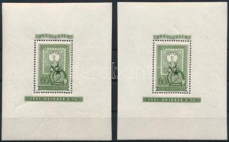 1951 80 éves a magyar bélyeg 60f blokk látványosan félre vágva, bal oldalon 23, jobb oldalon 28 mm blokkszéllel + jó minőségű támpéldány (34.000++) / Mi block 20 with faulty cutting