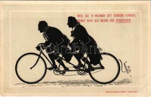 Weil Sie in Weimar oft Tandem fuhren, nennt Man sie beide die Dioskuren / Tandem bicycle art postcard. Back &amp; Schmitt (r)