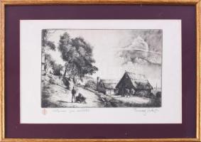 Kaveczky Zoltán (1897-1965): Élet az utcán. Rézkarc, papír, jelzett. Kaveczky Zoltán autográf ajánlásával. Üvegezett fakeretben, 15×22 cm