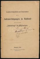 Englische Kirchenfürsten und Staatsmänner über die Judenverfolgungen in Rußland und über die sogenannte "Judenfrage" im Allgemeinen. [Angol egyházi vezetők és államférfiak az oroszországi zsidóüldözésről és általában az úgynevezett "zsidókérdésről".] Bp., 1882., Pester Buchdruckerei-Actien-Gesellschaft, 25+1 p. Német nyelven. Herzog Manó 1883 bejegyzéssel. Ritka antiszemita munka. Papírkötés, borítóhiánnyal, szakadt, kissé foltos.