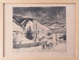 Novák Lajos (1927-1989): Télen (Dunakanyar). Rézkarc, papír, jelzett. Üvegezett fakeretben, 24×29 cm