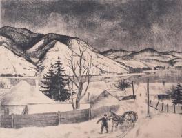 Novák Lajos (1927-1989): Télen (Dunakanyar). Rézkarc, papír, jelzett. Üvegezett fakeretben, 24×29 cm