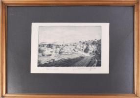 Szennik György (1923-2007): Óhutai szérű. Rézkarc, papír, jelzett, 23×29 cm, üvegezett fakeretben.