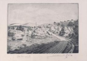 Szennik György (1923-2007): Óhutai szérű. Rézkarc, papír, jelzett, 23×29 cm, üvegezett fakeretben