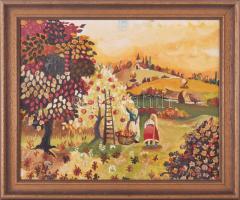 Jelzés nélkül (naiv festő): Almaszüret. Olaj, farost. 24×30 cm, fakeretben.
