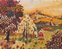 Jelzés nélkül (naiv festő): Almaszüret. Olaj, farost. 24×30 cm, fakeretben