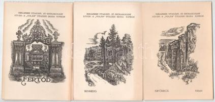 3 db MODERN Sopron-környéki kihajtható részvételi jegy és képeslap VOLÁN busz járatra (1968) / 3 modern folding tickets and postcards for autobuses