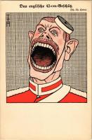 Das englische 42-cm-Geschütz. Kriegspostkarte des Simplicissimus Nr. 5. Druck von Strecker &amp; Schröder. Simplicissimus-Verlag, München / WWI German military mocking humour art postcard, "English 42 cm cannon" s: Thomas Theodor Heine