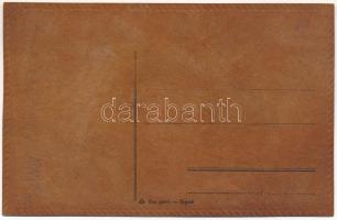 Krampusz és szamár, bőrből készült képeslapon / Krampus and donkey. Postcard made of leather (fa)