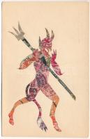 Krampusz. Bélyegekből kivágott és összeragasztott képeslap. "Bélyeg-Muki" Levelezőlapok, kiadó: Márer Béla bélyegkereskedő, Szeged / Krampus. Made out of stamps