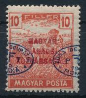 Debrecen I. 1919 Magyar Tanácsköztársaság 10f eltolódott kék felülnyomással (45.000) / Mi 75 with shifted blue overprint Sign: Bodor