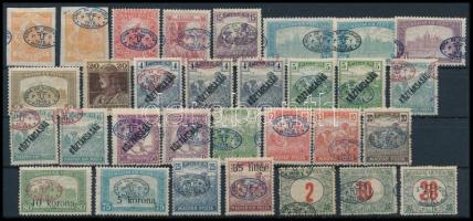 Debrecen I. 1919 31 db bélyeg, közte eltolódott felülnyomású bélyegek, Bodor vizsgálójellel