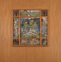 Fajka János (1935-2021): Falun. Ikonokhoz hasonló elrendezésű, 9 táblából összeálló tűzzománckép, különböző falusi jelenetekkel, melyek a gyermekkort idézik meg. Fa táblán, jelzett: fémtáblán "FAJKA J", zománckép 24x23 cm, táblával 40x40 cm /// János Fajka (1935-2021): In the Village. Enamel painting composed of 9 panels arranged in an icon-like manner, depicting various village scenes evoking childhood. Mounted on wooden board, signed on a metal plate 'FAJKA J'. Enamel image 24x23 cm, with board 40x40 cm