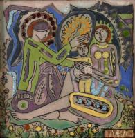 Fajka János (1935-2021): Falun. Ikonokhoz hasonló elrendezésű, 9 táblából összeálló tűzzománckép, kü...