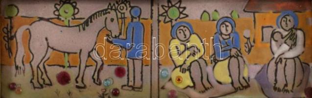 Fajka János (1935-2021): Falun. Ikonokhoz hasonló elrendezésű, 9 táblából összeálló tűzzománckép, kü...