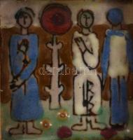 Fajka János (1935-2021): Falun. Ikonokhoz hasonló elrendezésű, 9 táblából összeálló tűzzománckép, kü...