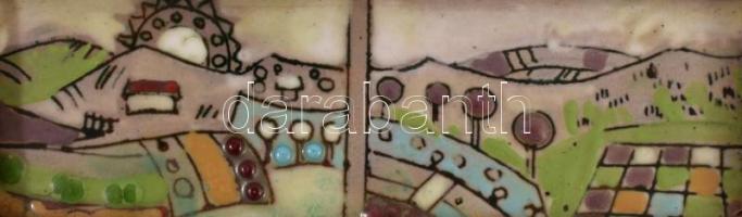 Fajka János (1935-2021): Falun. Ikonokhoz hasonló elrendezésű, 9 táblából összeálló tűzzománckép, kü...