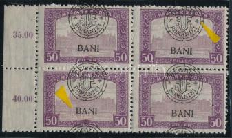 Kolozsvár 1919 Parlament 50f négyestömb elcsúszott felülnyomattal és lemezhibákkal / with shifted overprint and plate varieties Signed: Bodor