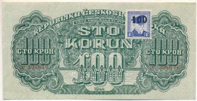 Csehszlovákia 1944. 100K "SPECIMEN (MINTA)" perforációval, felülbélyegzett csehszlovák bélyeggel, "OC 394676" T:XF,VF Czechoslovakia 1944. 100 Korun with "SPECIMEN" perforation with overprinted Czechoslovak stamp "OC 394676" C:XF,VF Krause 48.