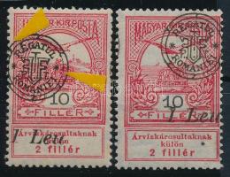 Nagyvárad 1919 Árvíz 10f 2 db bélyeg elcsúszott felülnyomattal, az egyik lemezhibával / with shifted overprint and plate variety Signed: Bodor