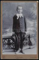 cca 1900-1910 Fiú virágokkal és kalappal, kabinetfotó Franz Zahalka (Stájerlak, Zsigmond-telep / Steierdorf, Sigismund) műterméből, 16,5x10,5 cm. Ritka!