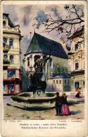 1917 Lviv, Lwów, Lemberg; Studnia w rynku i czesc tylna Katedry / Altertümlicher Brunnen am Ringplatz / square, fountain s: St. Tondos (pinmarks)