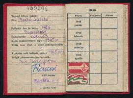 1948 Magyar Kommunista Párt (MKP) tagsági könyv, Rákosi Mátyás bélyegzett aláírásával, tagsági bélyegekkel