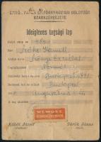 cca 1950 Építő-, Fa- és Építőanyagipari Dolgozók Szakszervezete ideiglenes tagsági lap, MÉMOSZ (Magyarországi Építőipari Munkások Országos Szövetsége) beíratási bélyeggel, illetve tagsági bélyegekkel