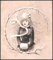 Karel Krejčík (1857-1901): Divatos hölgy. Lavírozott tus, fedőfehér, papír, jelzett. Kissé kopott pa...