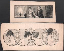 Gottfried Sieben (1856-1918): össz. 5 db szecessziós illusztráció. Lavírozott tus, papír, 2 db jelzett. Kissé kopott paszpartuban. Egyiken lapszéli szakadásokkal. 7x20,5 és 23x16 cm közötti méretekben. / Gottfried Sieben (1857-1901), Austrian painter: 5 pcs of art nouveau illustrations. Ink on paper, two of them signed. one of them with tears on the edges. Between 7x20,5 and 23x16 cm