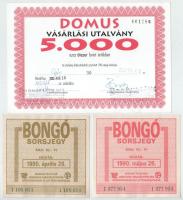 3db-os sorsjegy és vásárlási utalvány tétel, közte: 1990. április 28. Bongó, 1990. május 26. Bongó, 2003. Domus T:AU