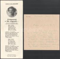 cca 1940-1944 Kolozsvár, Rácz Vali (1911-1997) színész és énekesnő saját kézzel írt levele, Rácz Vali aláírással, benne említi a Rozgonyi Piroska Önképző Kör záró díszgyűlésére szóló meghívót, valamint említi a volt tanárának, Biczó Ferenc (1895-1945) kaposvári iskolaigazgatónak, hogy Kaposváron csak egyszer volt, az is átutazóban, hajtott, fejléces papíron, 3 beírt oldal, 2 sztl. lev., 16x16 cm + Rácz Való műsorából prospektussal, hajtatott, 27x10 cm