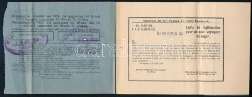 1939 M. Kir. Államvasutak (MÁV) 50%-os menetkedvezmény külföldiek részére, kolozsvári bélyegzésekkel