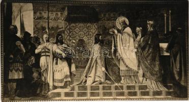 I. András koronázása, miniatűr képeslap. Zsabokorszky mérnök kiadása s: Székely Bertalan (11,5 x 6,2 cm)