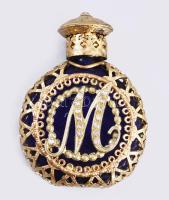 Királykék parfümös üveg, fém szerelékkel, m: 6,5 cm